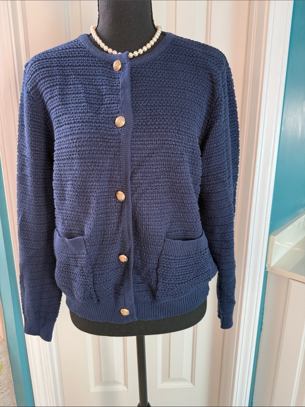 ANRABESS Navy Blue Textured Knit Cardigan Sweater Lady Jacket Gold Buttons
